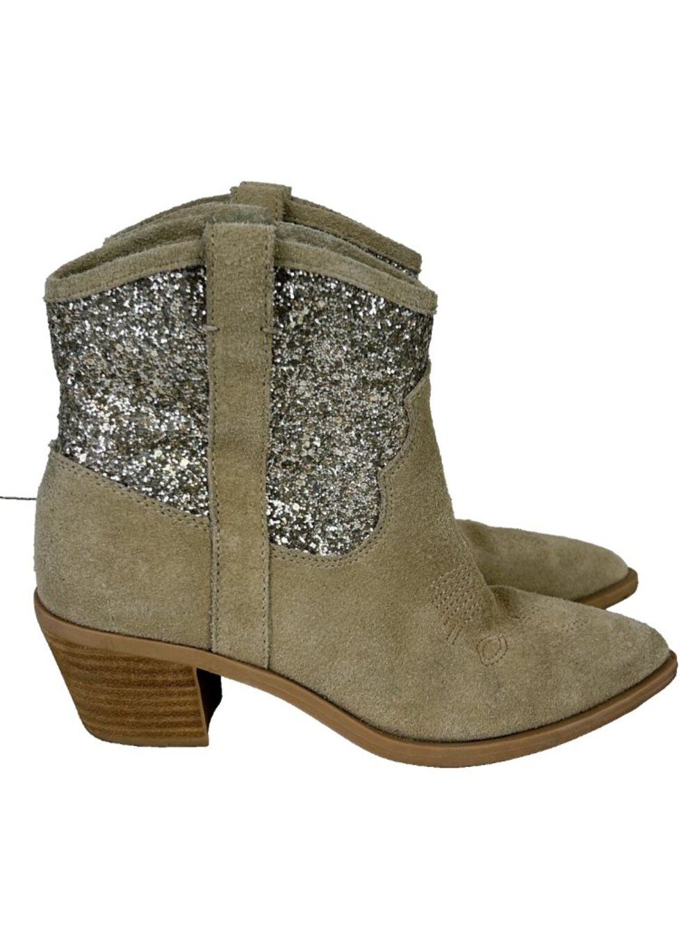 Dolce Vita Shreya Glitter Suede Cowboy Boots Beige Ankle Booties Pointed Toe 6